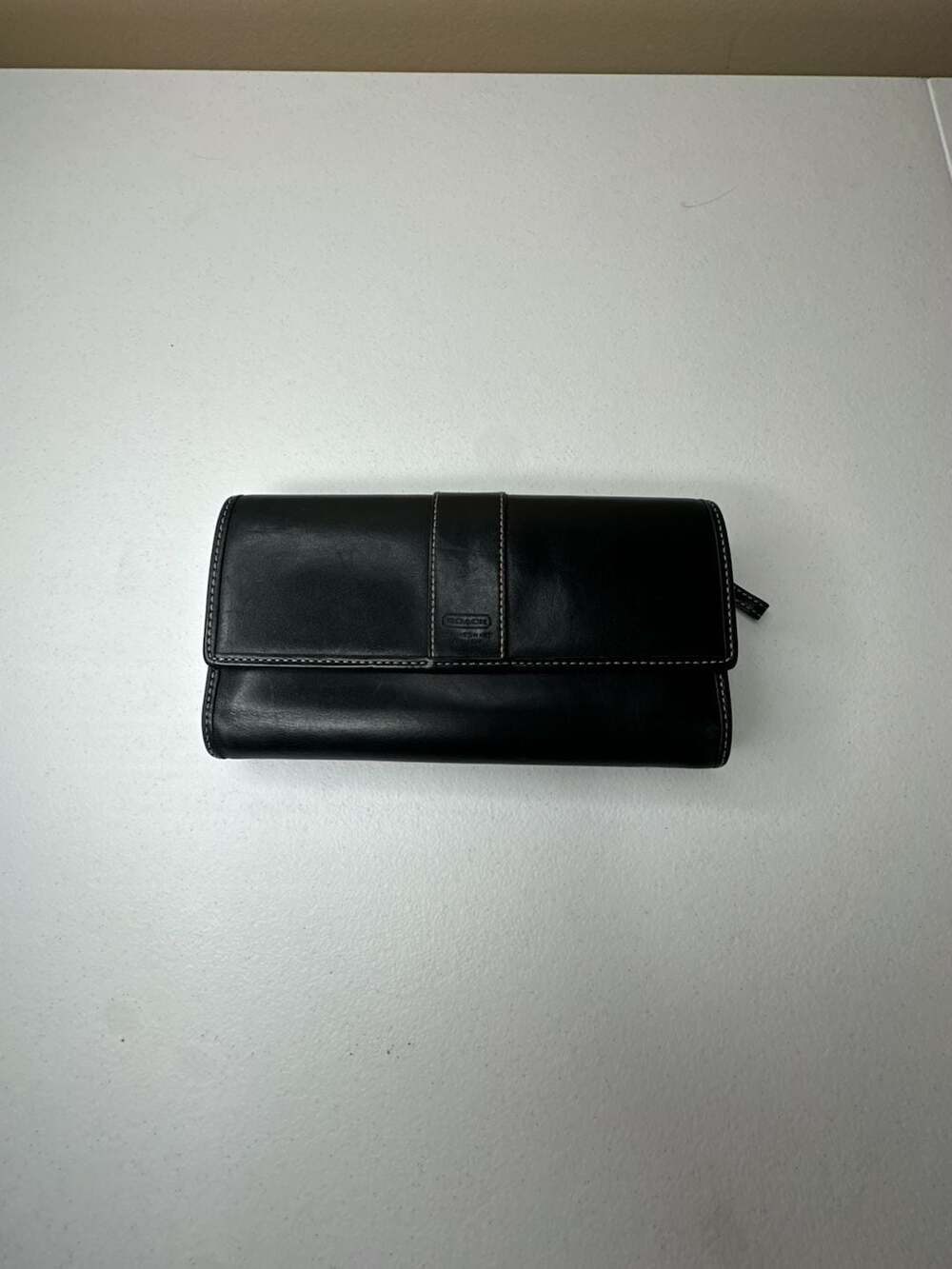 Vintage Coach Hamptons Black Leather Trifold Wallet with Checkbook Cover